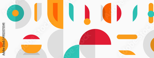 Abstract geometric shapes, vibrant colors, modern design. Overlapping forms create playful composition, simple aesthetic.