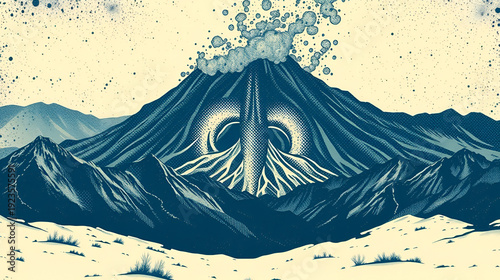 Halftone cyclone, twisting, volcano grunge texture, dotted mountain range, pointillist effect, retro halftone landscape, retro artwork, winter landscape vector illustration, nature scenery.