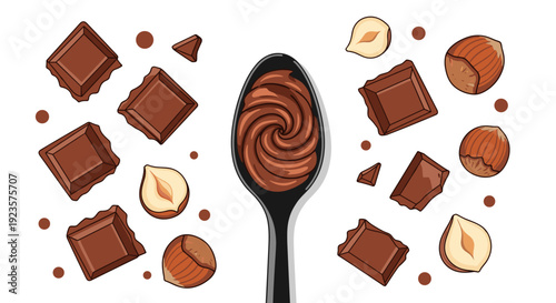 Delicious Chocolate Hazelnut Spread Concept: Spoonful of Sweet Delight with Chocolate Chunks and Hazelnuts, Ideal for Dessert Creations and Food Blog Illustrations