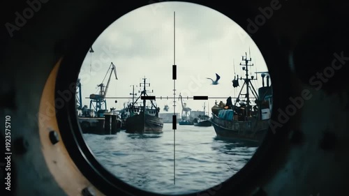 View through submarine periscope observing fishing trawlers in a busy harbor with cranes and seagulls flying overhead, maritime surveillance and nautical exploration concept