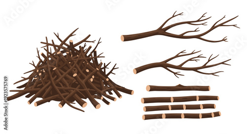 Realistic Vector Illustration of Firewood Preparation for Winter, Showcasing a Pile of Branches and Logs, Perfect for Camping, Heating, and Rural Lifestyle Designs