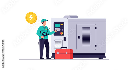Technician Inspecting Industrial Power Generator Equipment for Energy Production and Maintenance, Ensuring Reliable Electricity Supply with Modern Technology