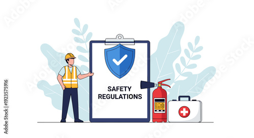 Safety First: A Vector Illustration Emphasizing Workplace Regulations, Security, and Emergency Preparedness for a Secure Environment [154 characters]
