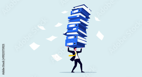 Exhausted Businessman Carrying a Tower of Files, Burdened by Overwork and Bureaucracy in an Office Illustration Depicting the Stress of Excessive Paperwork
