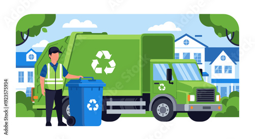 Eco-Friendly Waste Management Illustration: A Clean City Environment with Recycling Truck, Worker and Bins, Promoting Sustainability and Green Practices, Perfect for Environmental Awareness Campaigns
