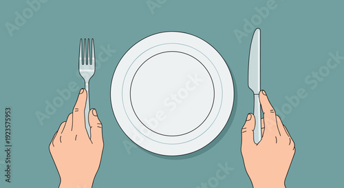 Illustration of Dining Etiquette: Empty Plate with Hands Holding Silverware, Dinner Preparation, Waiting to be Served, Formal Dining Setting with Cartoon Style and Clean Design