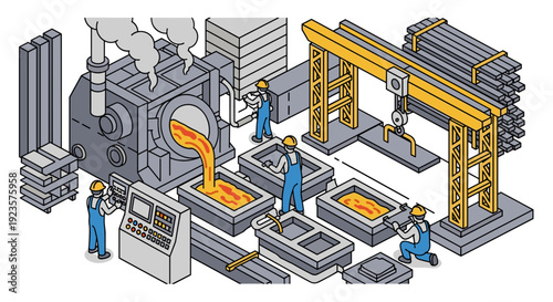 Isometric Metal Casting Illustration: A Detailed Depiction of Molten Metal Pouring and Industrial Processes, Highlighting Factory Workers and Heavy Machinery in Action
