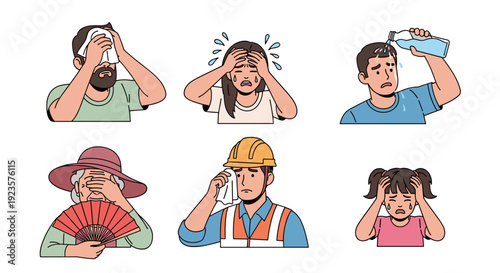 Heat Stress Awareness Illustration: Diverse Group Experiencing Overheating and Seeking Relief, Promoting Health Education and Safety Measures for Hot Weather Conditions