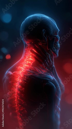 3D rendered illustration of a painful human shoulder joint showing blue anatomy on an x-ray medical skeleton for health and science medicine