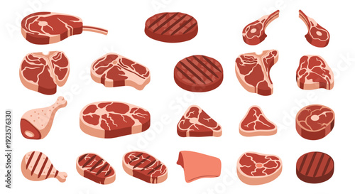 Assorted Fresh Meat Cuts Illustration: Ribeye, Sirloin, and Ground Beef Patties for Butchery, Culinary Creations, and Food Markets, Catering, and Gourmet Dining Needs