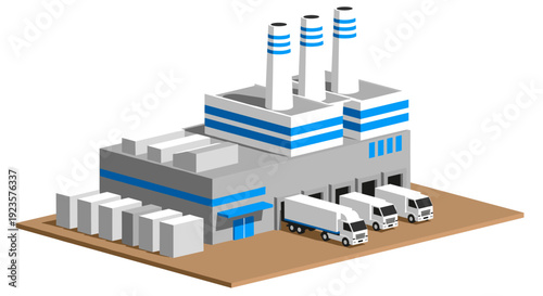Isometric Factory Illustration with Trucks: Clean Energy Production and Modern Industrial Design Depicting Sustainable Manufacturing and Global Logistics