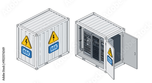 Isometric Illustration of Battery Energy Storage System Container with Server Racks for Renewable Energy Integration and Grid Stability, High Voltage Equipment
