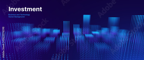 Futuristic Smart City Skyline Formed by Glowing Blue Particle Skyscrapers on Dark Data Grid Background. Glowing Particle Towers and Dynamic Data Visualization. Vector Illustration.