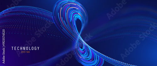 Digital Particle Swirl With Electric Blue Highlights and Soft Purple Glow. Flowing Network Connections and Infinite Loop Technology. New Tech, AI, Blockchain, Innovation Research Concept. Vector