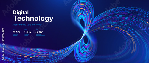 Abstract Technology Flow With Shimmering Blue and Purple Data Lines, Dynamic Particle Motion Forming Endless Loop Shape Scientific Background. Vector Illustration.