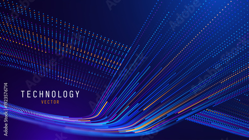 Abstract AI Network Visualization With Luminous Blue Particles and Curved Purple Data Lines, Infinity Shaped Energy Flow on Black Background. Vector Illustration.