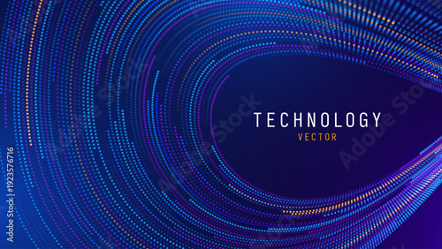 High Tech Particle Wave With Electric Blue and Purple Glow. Flowing Data Streams and Neural Connections on Dark Futuristic Technology Backdrop. Vector Illustration.