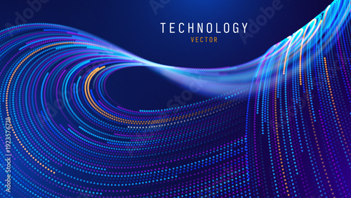 Glowing Particle Wave Structure With Blue and Violet Light Trails. Abstract Big Data Visualization and Artificial Intelligence Network Pattern on Dark Gradient Background. Vector Illustration.