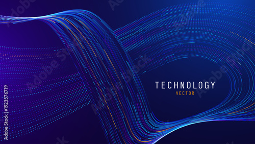 Dynamic Big Data Wave With Radiant Blue and Violet Light Streaks. Neural Network Grid and Digital Communication Concept Design. Vector Illustration.