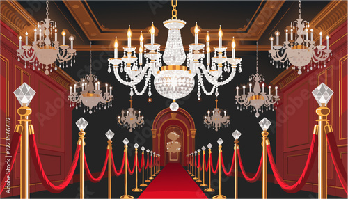 Opulent Hall with Red Carpet and Chandeliers.

