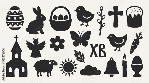 Easter religious silhouette collection. Black icons set - egg rabbit basket chick cross church angel butterfly lamb candle bell kulich. Vector linocut style minimalist design elements.