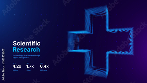 3D Wireframe Medical Cross on Blue Gradient Background. Futuristic Healthcare Technology Concept with Digital Grid Structure and Neon Glow. Scientific Innovation Presentation Vector Template