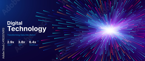 Digital Technology Particle Burst Background with Radiant Neon Dot Matrix Explosion and Dynamic Perspective Light Trails. Vector Illustration.