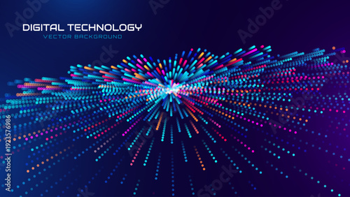 High Speed Digital Network Lines Burst Background with Glowing Pixel Trails and Perspective Grid in Blue and Purple Tones. Vector Illustration.