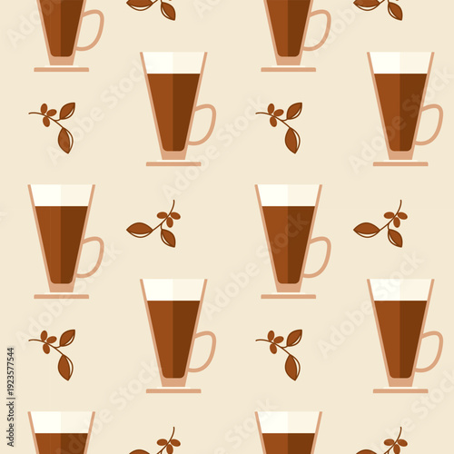 Latte glasses pattern, warm coffee background with tall glasses and coffee beans. Coffee time.