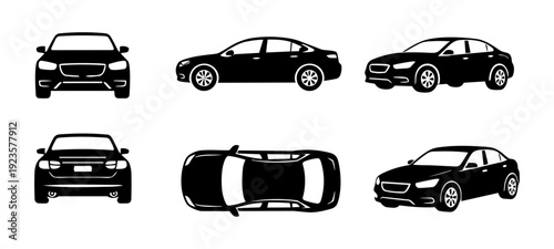 Modern Sedan Car Multiple View Silhouette Vector Set Isolated on White Background