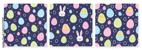 Easter seamless pattern with cute bunny, egg and chick. Collection. Colourful background in cartoon style. Vector illustration