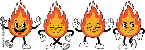 Vector illustration set of retro fire mascot characters featuring a flame character in various poses like dancing, cheering, and smiling in classic 1930s animation style isolated on white background.