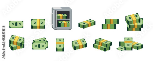 Pixel art of money set. Green banknotes in 8bit style. Wads, piles of bank notes for old 8 bit video games. Dollar bills, cash for computer videogames. Flat isolated vector illustrations on white
