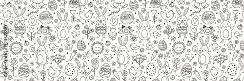 Colourful Easter texture in cartoon style. Hand drawn bunny, chick, eggs and flowers. Doodle.  Vector illustration
