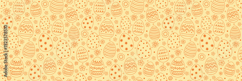 Easter seamless pattern with cute hand drawn eggs and flowers. Cartoon style background. Vector illustration