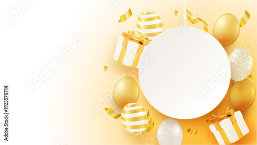 Elegant golden party banner with floating balloons and gift box decorations, vector illustration for greeting card. vector.