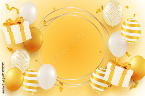 Elegant golden party banner with floating balloons and gift box decorations, vector illustration for greeting card. vector.