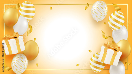 Elegant golden party banner with floating balloons and gift box decorations, vector illustration for greeting card. vector.
