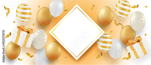 Elegant golden party banner with floating balloons and gift box decorations, vector illustration for greeting card. vector.