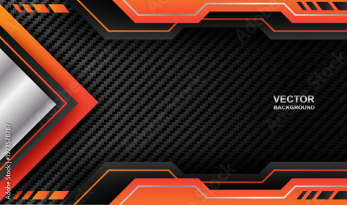 Modern E-sport gaming background with orange and black carbon fiber texture, futuristic metallic geometric design. vector.