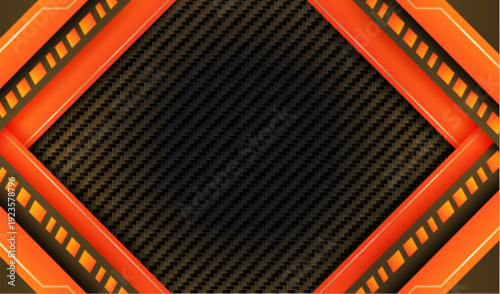 Modern E-sport gaming background with orange and black carbon fiber texture, futuristic metallic geometric design. vector.