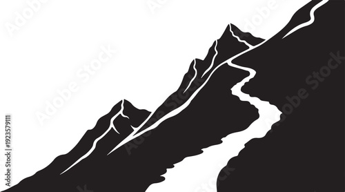 Black and white mountain landscape with winding river path