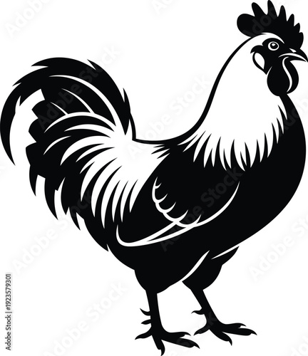 Black and white silhouette of a rooster standing in profile, farm animal vector illustration