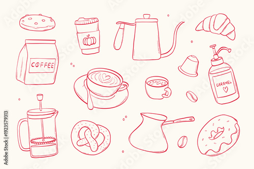 Coffee and bakery doodles collection with hand drawn monochrome elements for cards, posters, banners, social media visuals, menu decor. EPS 10