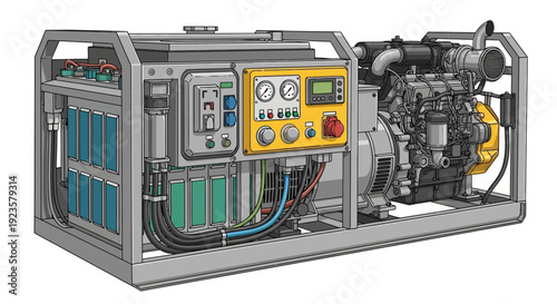 Industrial portable diesel power generator unit with robust engine and control panel for emergency electricity production. Isolated.