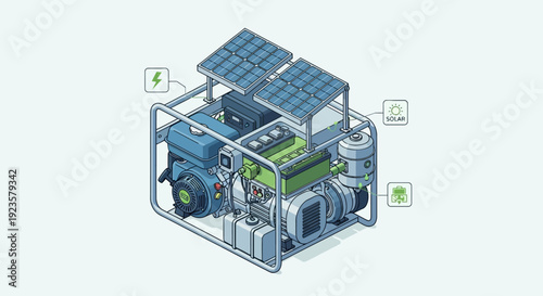 Isometric Hybrid Power Generator System with Solar Panels. Sustainable Green Energy Production and Storage Illustration.