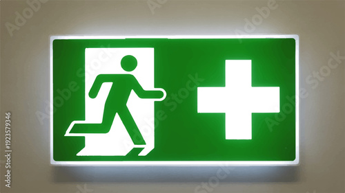 Modern emergency exit sign with green and white colors on gray background