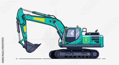 Electric Excavator Digger for Sustainable Construction Projects. Eco-Friendly Heavy Equipment with Green Energy Symbols.
