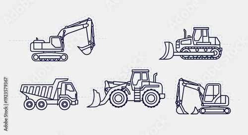 Construction vehicles line icons set. Heavy equipment machinery vector illustrations including excavator, bulldozer, dump truck, and loader.