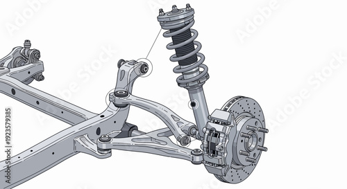 Detailed 3D render of an automotive front independent suspension and disc brake system with shock absorber, coil spring, and control arms.